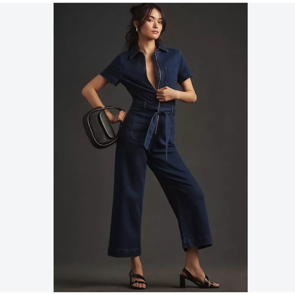 Maeve Anthropologie The Colette Denim Utility Jumpsuit Dark Wash Wide Leg Size 6